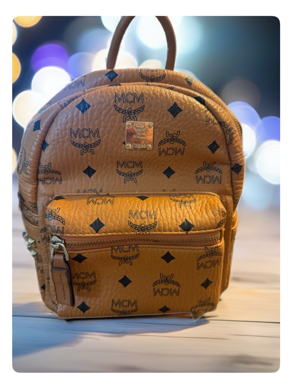 MCM Cognac Visetos Mini Backpack with Black Logo Print